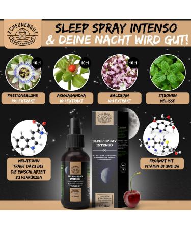 Melatonin Spray 365 Days Supply | 50ml XL | Laboratory Tested with Ashwagandha Passion Flower Valerian | 0.5mg per Spray | Scheunengut  - Buy Online on GoSupps.com