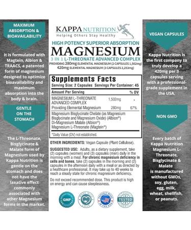 Kappa Nutrition Magnesium LThreonate 2253mg Per Serving Providing 420mg Elemental Bisglycinate Chelate Malate  (90 Capsules)  - Buy Online on GoSupps.com