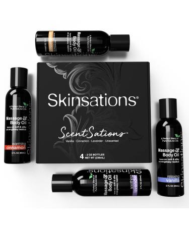 Skinsations - Massage & Body Oil Kit (Set of 4) Sensual Scents of Vanilla, Cinnamon, Lavender in a Relaxing Blend of Edible Sweet Almond, Fractionated Coconut, Grape Seed & Jojoba Oils
