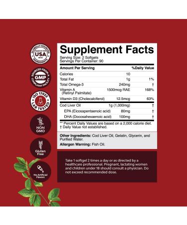 Natures Craft Icelandic Cod Liver Oil Softgels Wild Caught EPA DHA Omega3 Fish Oil 1000mg per serving D3 & A for Heart Joint Brain and Immune Support - 180 Softgels - Buy Online on GoSupps.com