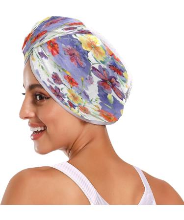 Watercolor Flowers Dry Hair Cap | Quick Drying Towel Set with Button Headband - Super Absorbent & Comfortable - Buy Online on GoSupps.com