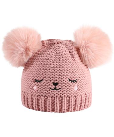 XYIYI Baby Kids Winter Warm Knit Hat Infant Toddler Crochet Fur Pom Beanie Cap for 6-24Months Boys Girls 6-24 Months Bear Pink