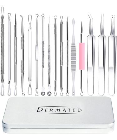 Dermated 16 PCS - Blackhead Remover Pimple Popper Tool Kit, Comedones Extractor Acne Removal Kit for Blemish, Stainless Acne Tools, Whitehead Popping & Zit Removing for Nose & Face Tools in Metal Case