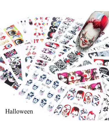 Halloween Nail Stickers Water Transfer Nail Decals Skull Ghost Eye Hulk Clown Witch Nail Art Stickers Halloween Party Supply Manicure Tips Decorations (24 Sheets) - Buy Online on GoSupps.com