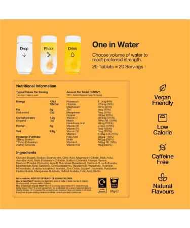 Phizz Electrolytes Multivitamin & Hydration Tablets - 20 Effervescent Rehydration Electrolyte Tablets - Vegan, Low Calorie with 18 Vitamins & Minerals - Orange Flavor 20 Count - Buy Online on GoSupps.com