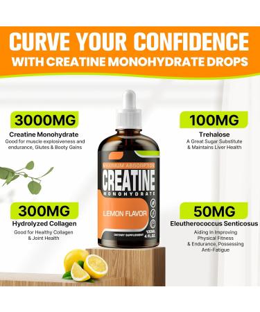 Creatine Monohydrate Liquid Creatine for Muscle Mass Strength Glute Booty & Endurance - Creatine for Women and Men with Hydrolyzed Collagen & Trehalose - 120 ml Creatine HCl (Lemon Flavor) - Buy Online on GoSupps.com