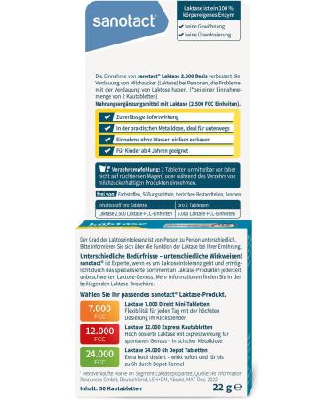 Sanotact Lactase 2 500 | Lactose Tablets for Intolerance | 50 Fast-Acting Lactase Tablets - Buy Online on GoSupps.com