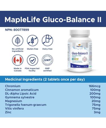MapleLife Nutrition Gluco-Balance II Support Glucose Metabolism Maintain Blood Glucose Level Support Muscle Function Maintain Immune Function Antioxidants 90 Tablets 45 Servings Made in Canada - Buy Online on GoSupps.com