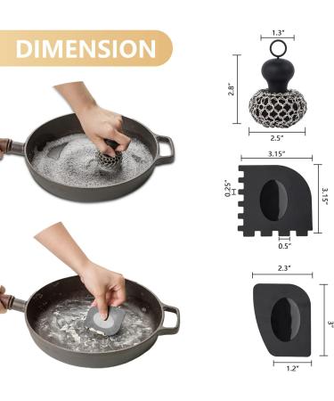 SOUHEILO Cast Iron Cleaning Kit with Upgraded Chainmail Scrubber and Pan Scraper - Medium Black | Dishwasher Safe Skillet Cleaner for Pans, Skillets, Dishes, Pots - Buy Online on GoSupps.com