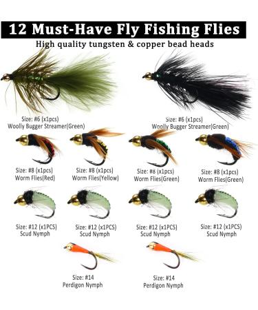 Ivei Fly Fishing Flies Kit - Premium Hand-Tied Assortment of 12 Dry/Wet Flies Nymphs & Streamers with Portable Box for Trout & Bass Fishing - Buy Online on GoSupps.com