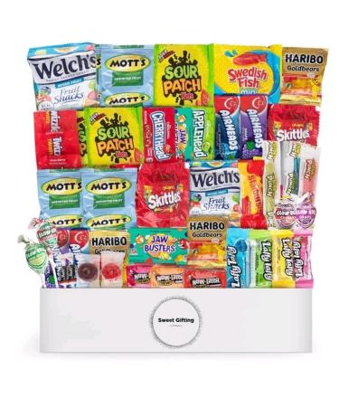 Assorted Candy Party Mix Variety Pack (60 Count Plus) Halloween Bite, Fun, And Full Size, Care Package, Gummies, Lollipops, Sour Patch, and More, Bulk for Loot Bags, Stocking Stuffer, Piata, Party Treats, Individually Wra