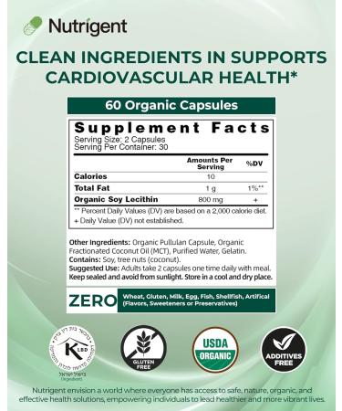 Nutrigent USDA Organic Soy Lecithin Supplement 800 mg, High Absorption Liquid Organic Capsules, Choline Lecithin Supplement for Brain & Liver Health Support, Non-GMO, Gluten Free, 60 Count - Buy Online on GoSupps.com