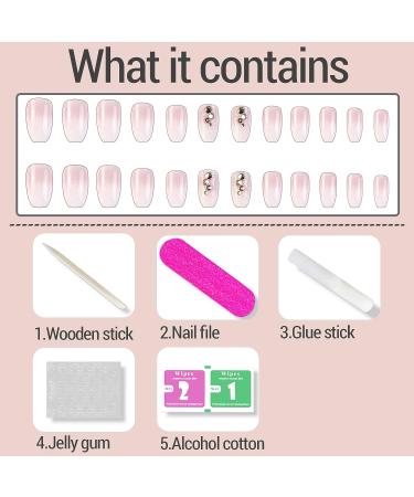 Pink Gradient Rhinestone Press on Nails - 24 Pcs Medium Coffin Shape | Glitter Powder & Rhinestone Designs | False Nails for Women and Girls - Buy Online on GoSupps.com