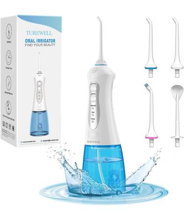 TUREWELL FC1592 Water Flosser for Teeth Cordless 300ML Water Tank Portable Oral Irrigator IPX7 Waterproof and 3 Modes with 4 Jet Tips for Family and Travel(White)