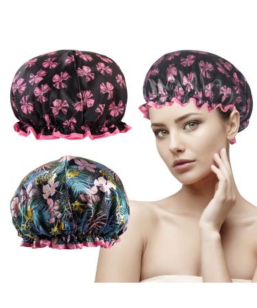 2PCS Shower Cap Bath Cap 2-Pack Shower Caps for Women Oversized Waterproof Double Layers Bathing Shower Hat Hair Protection Reusable for all Hair Lengths with PEVA Lining & Stretch Hem Hair Hat