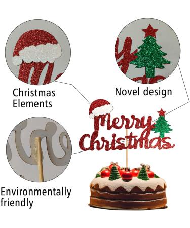 Merry Christmas Cupcake Toppers Red Glitter with Merry Christmas Letter Xmas Tree Cake Topper Decoration for Christmas Theme Party - Buy Online on GoSupps.com