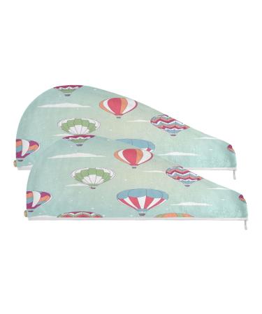 Retro Hot Air Balloon Dry Hair Cap 2 Piece Quick Drying Towel Set with Button Headband Super Absorbent Soft & Comfortable