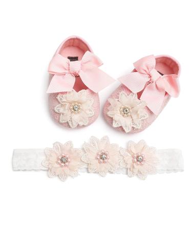 TMEOG 2 x Toddler Shoes + Headband Baby Girl Flower Shoes Non-Slip Soft Special Occasions Christening Wedding Party Shoes 6-12 Months C Pink