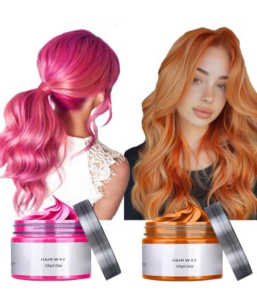 Temporary Hair Wax Color 2PCS Strong Hold Pomade for Men Women Hair Color Dye Wax Washable Hair Styling Clay for Girls Age 4 5 6 7 8 9 10+ Birthday Christmas Party Cosplay Carnival(Pink+Orange)