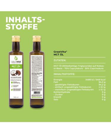 GreatVita 100% Pure MCT Oil - 500ml | Coconut Oil | 70% Caprylic Acid (C8) | Sugar-Free GVO-Free Flavor-Neutral | International Shipping Available - Buy Online on GoSupps.com