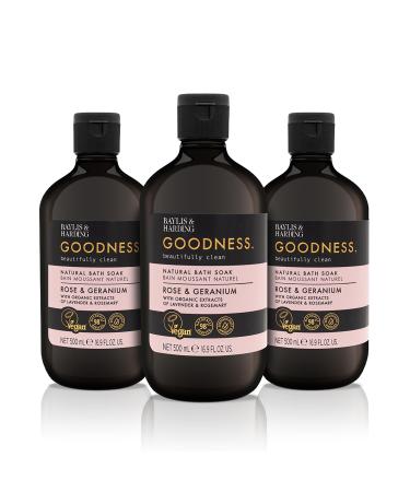 Baylis & Harding Goodness Rose & Geranium Natural Bath Soak 16.9 fl. oz (Pack of 3) - Biodegradable Formula - Vegan Friendly
