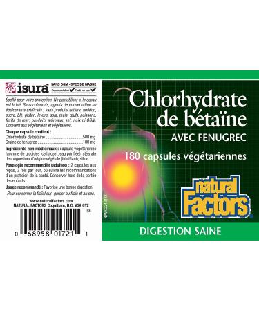 Natural Factors Betaine Hydrochloride with Fenugreek 500mg - 90 Vegetarian Capsules for Digestive Support - Buy Online on GoSupps.com