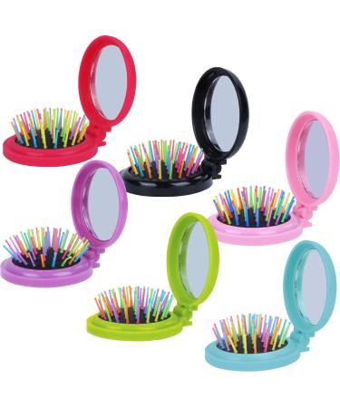 Happy Trees 6 PCS Round Travel Hair Brush with Mirror Folding Pocket Hair Brush Mini Hair Comb with Makeup Mirror for Travel (Set of 6) (Dark Colours)