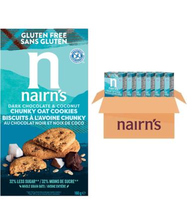 Nairn s Dark Chocolate & Coconut Chunky Oat Cookies | Made with Gluten Free Wholegrain Oats | High Fibre | Vegetarian | No Artificial Colours Flavours or Preservatives | 160g (6-Pack)