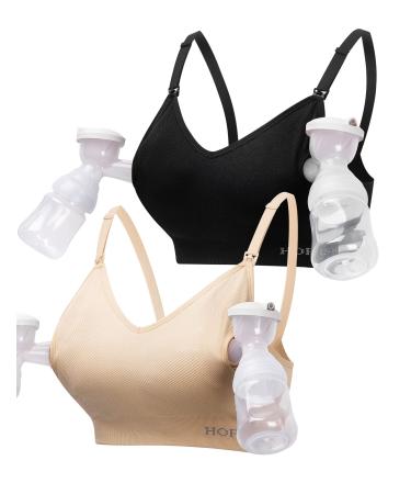 HOFISH Hands Free Pumping Bra Women Sport Bras Seamless Padded Nursing Maternity Bra for Pregnancy/Breastfeeding/Working Out S-2XL M Pumping Bra:black Beige