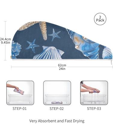 Dark Blue Starfish Shells Hair Towel 2 Pack | Super Absorbent Quick Dry Hair Turbans for Women & Girls - Buy Online on GoSupps.com