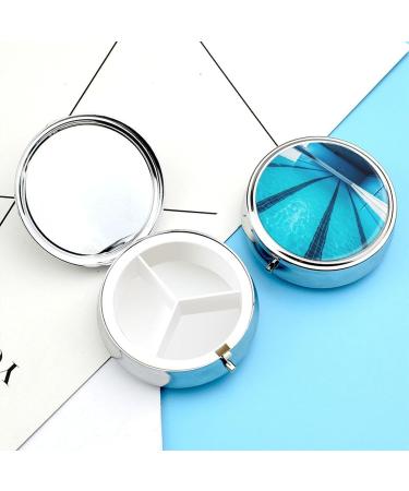 Round Blue Swimming Pool Print Pill Organizer - 3 Compartment Decorative Metal Pill Box for Travel - Buy Online on GoSupps.com
