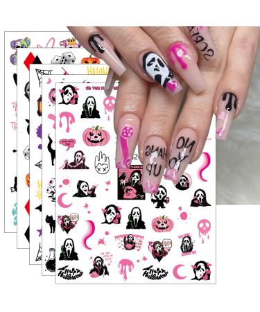Pink Halloween Valentine's Day Nail Stickers 10 Sheets Self-Adhesive Nail Decal Pumpkin Ghosts Pink Nail Art Decoration Design Supplies