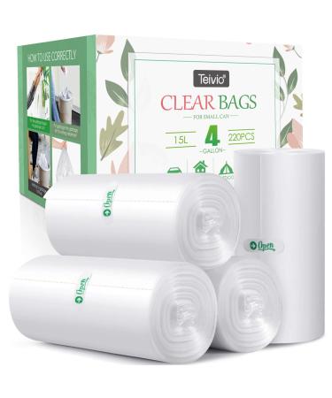 4 Gallon 220 Counts Strong Trash Bags Garbage Bags, Bathroom Trash Can Bin Liners, Small Plastic Bags for home office kitchen, fit 12-15 Liter, 3,3.5,4.5 Gal, Clear 20.4x17.3 Inch (Pack of 200)