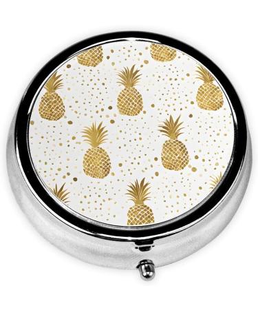 Gold Glitter Pineapples Round Pill Box - 3 Compartment Mini Travel Organizer for Vitamins & Medications - Buy Online on GoSupps.com
