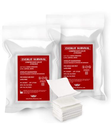 Everlit 2 Pack Z-Folded Compressed Sterile Gauze 4.5" x 4.1 Yards, 6-Ply White Cotton, Essential First Aid and Stop The Bleed Kit Supply for Home, Medical, and Tactical Emergency Use (2)