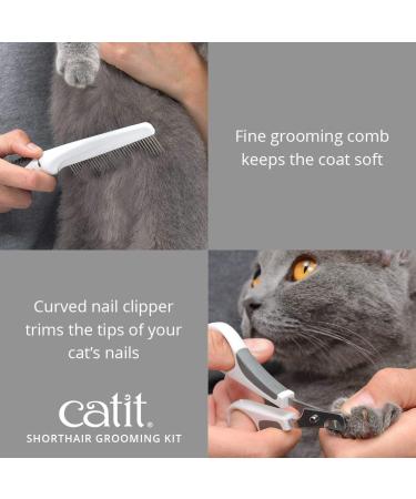 Catit Grooming Kit for Shorthaired Cats | 5-Piece Canister Set with Rubber Palm Brush, Nylon & Metal Slicker Brushes, Fine Comb, Curved Nail Clippers | White, Black, Grey | Short Hair - Buy Online on GoSupps.com