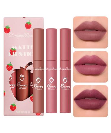 3 Piece Nude Matte Lipstick Set Natural Nude Lipstick Velvet Air Moisture Smooth Crayon Lip Stain Matte Lipstick 24 Hour Superstay Long Lasting Waterproof Lip Gloss Lipstick for Women Makeup(Set D)