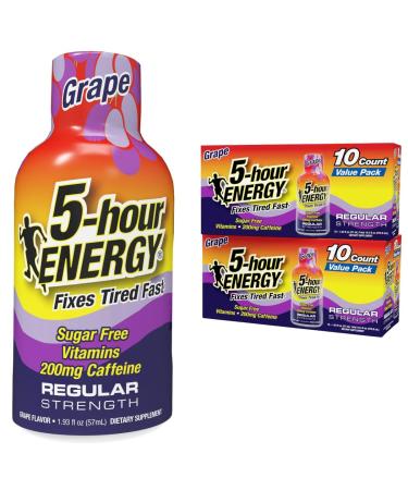 5-hour ENERGY Regular Strength Energy Shot 1.93oz 20-Pack Sugar Free Caffeine Energy Booster with B-Vitamins & Amino Acids Zero Calorie (20 Bottles Single Flavor Grape Regular Strength) Grape Regular Strength 20 Bot