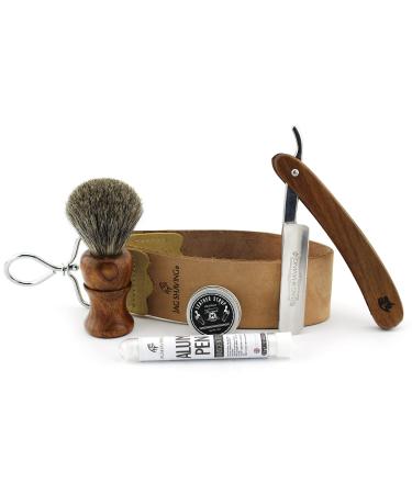 JAG Shaving Razor Set-5-part shaving set-sustainable-shaving set-wooden razor brush-razor-razor-leather string string-grinding paste-alum wand-real pull-off string string