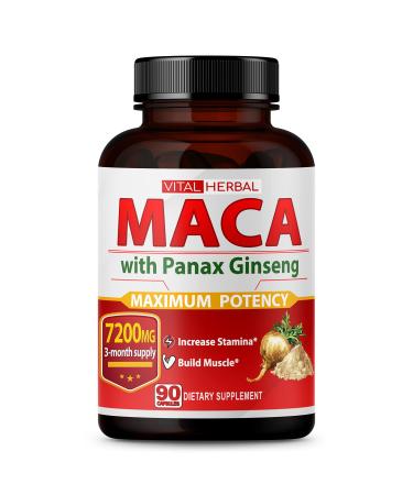 Maca Root Capsules Equivalent to 7200mg Maximum Strength with Ashwagandha Tongkat Ali Tribulus Terrestris Horny Goat Weed Panax Ginseng for Men Women - 1 Bottle - 90 Days Supply 90 counts