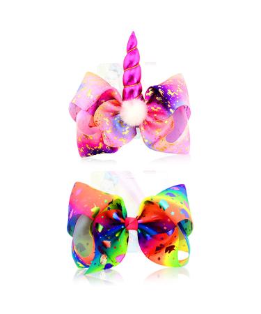 Unicorn Hair Bows for Girl - 8 Inch Large JoJo Siwa Style Hair Bows with Alligator Clips Hair Barrettes Accessories Unicorn Bow Sets Best Xmas Gift