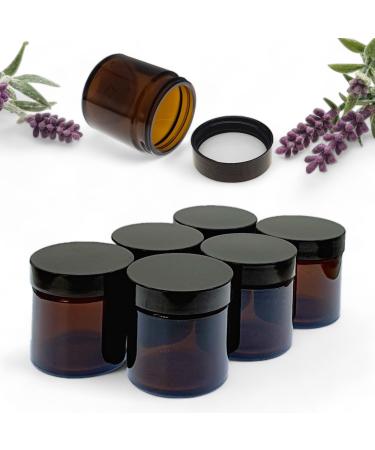 Set of 6 Amber Glass Jars - 60ml Brown Glass Container Jars for Storage with Airtight Black Lids Luxury Cosmetic Container for Candles Creams & Salves