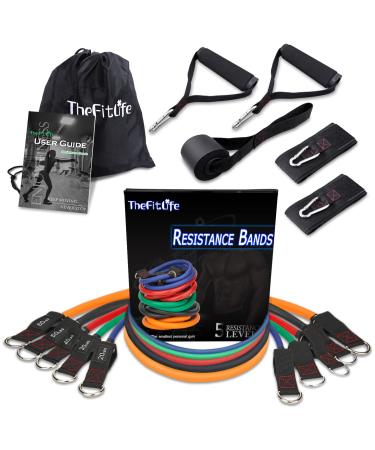 TheFitLife Exercise Resistance Bands with Handles - 5 Fitness Workout Bands Stackable up to 110/150/200/250/300 lbs Training Tubes with Large Handles Ankle Straps Door Anchor Carry Bag 200lbs