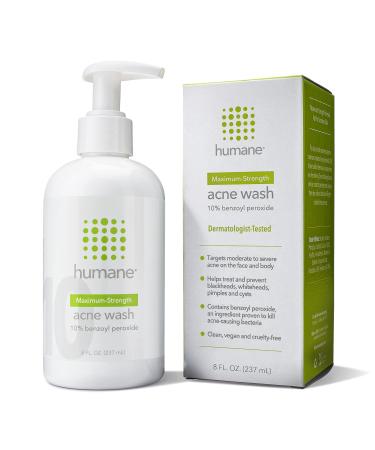 Humane Maximum-Strength Acne Wash - 10% Benzoyl Peroxide Acne Treatment for Face, Skin, Butt, Back and Body - 8 Fl Oz - Dermatologist-Tested Non-Foaming Cleanser - Vegan, Cruelty-Free 8 oz