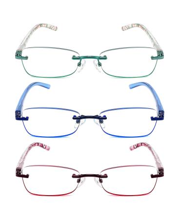 JJWELL 3 Pack Blue Light Blocking Reading Glasses for Women Anti Eyestrain/Computer Glare UV 400 Filter Readers with Spring Hinge Lightweight Rimless Tinted Metal Blue Rays Eyeglasses (1.50) Purple Blue Green 1.5 x