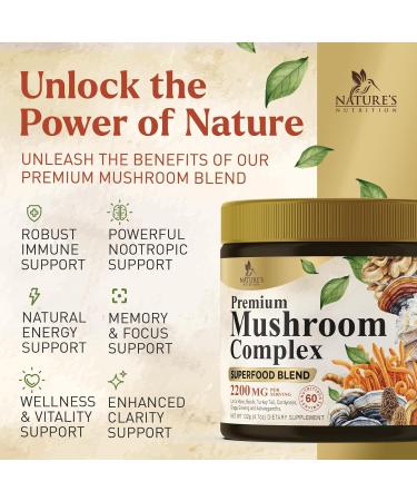Mushroom Powder Supplement 2200mg - Organic Lions Mane Reishi Cordyceps Chaga Turkey Tail Mushroom Extract - 11 in 1 Blend Powder Supplement - Immune & Brain Support - Bottled in USA - 60 Servings - Buy Online on GoSupps.com