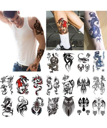glaryyears 18 Sheets Dragon Black Temporary Tattoos for Men Teens  Animal Scorpions Wolf Owl Dark Tribal Tiger Cross  on Arm Shoulder Hand Leg Back Body Art 4.7''x7.5'' Pattern A