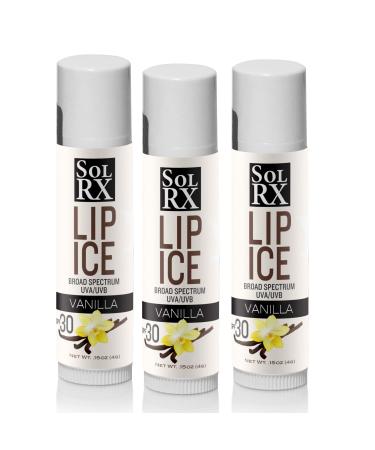 SolRX LIP ICE SPF 30 Lip Balm with Sunscreen - Vanilla - Broad Spectrum UVA/UVB Protection Anti-Aging - 3 Pack Vanilla 3 Pack