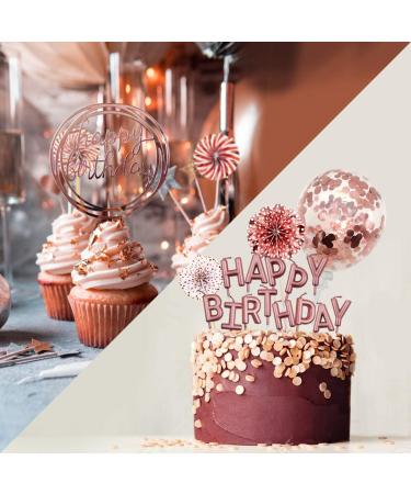 Rose Gold Cake Topper Decoration & Birthday Party Supplies - Happy Birthday Candles, Banner, Confetti Balloon, Paper Fans - Ideal for Girl's & Women's Rose Gold Theme Party Decor - Buy Online on GoSupps.com