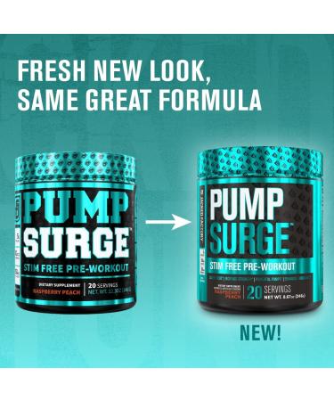 PUMPSURGE Caffeine-Free Pre Workout Supplement - Pump & Nootropic Powder - Nitric Oxide Booster - 20 Servings (Raspberry Peach) - Buy Online on GoSupps.com